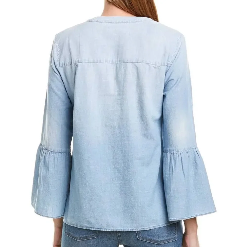 J. Crew Top Chambray Split Neck Long Bell Sleeve Blouse Size XS